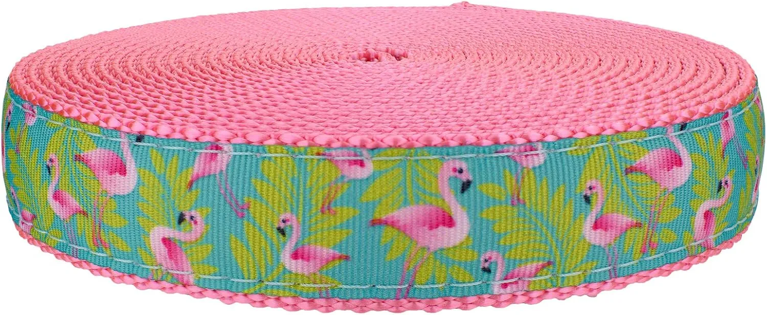 Country Brook Design - Flamingos Ribbon on Pink Nylon Webbing (1 Inch, 20 Yards)