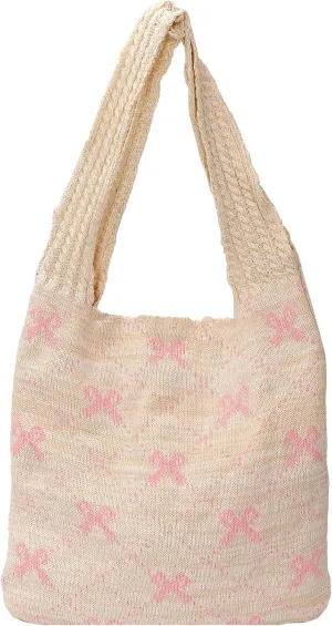 Crochet Tote Bag, Boho Knitted Shoulder Handbag with Bow Detail, Travel Tote for Women