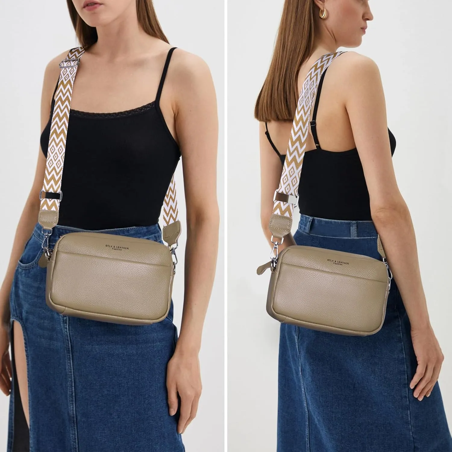 Crossbody Bag for Women Genuine Leather Wide Strap Shoulder Bag Purse Trendy Design Camera Crossbody Purse Top Zip