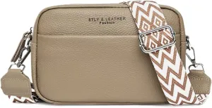 Crossbody Bag for Women Genuine Leather Wide Strap Shoulder Bag Purse Trendy Design Camera Crossbody Purse Top Zip