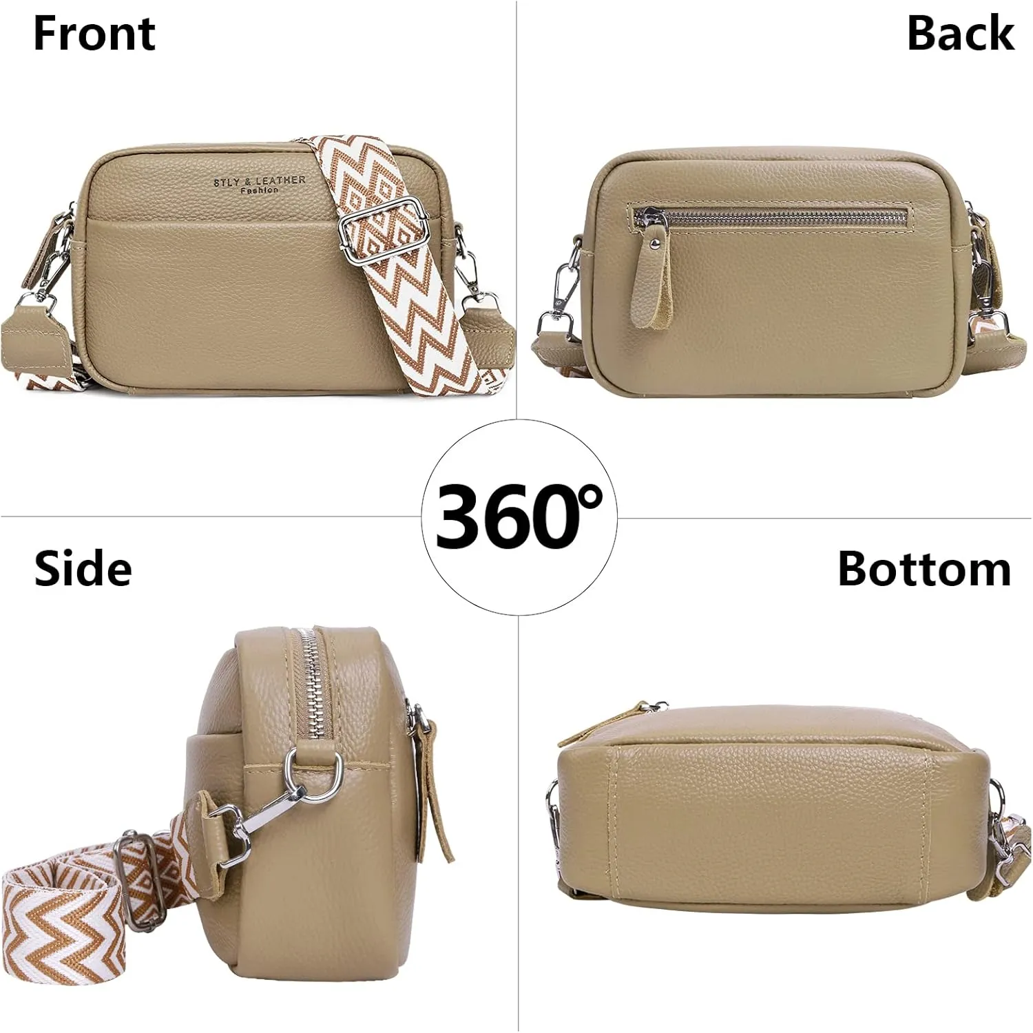 Crossbody Bag for Women Genuine Leather Wide Strap Shoulder Bag Purse Trendy Design Camera Crossbody Purse Top Zip