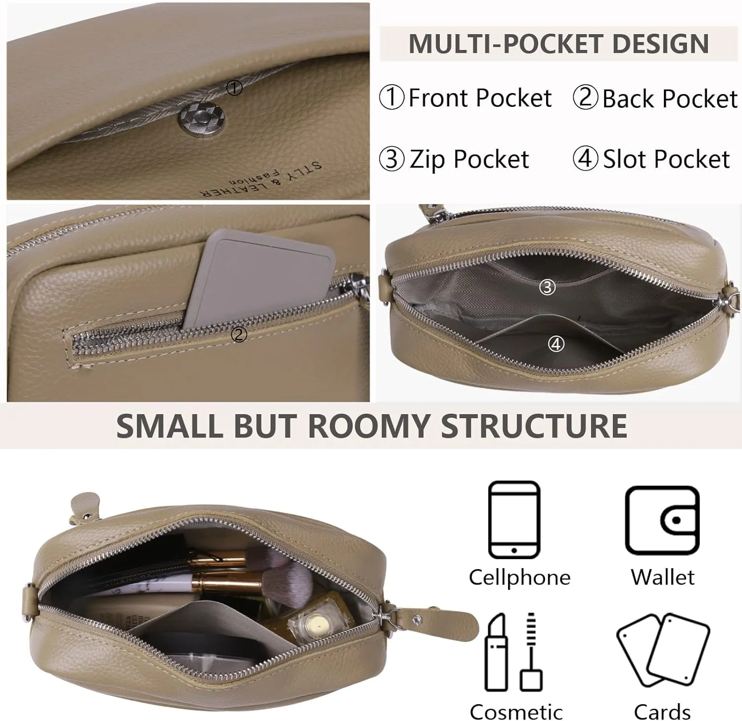 Crossbody Bag for Women Genuine Leather Wide Strap Shoulder Bag Purse Trendy Design Camera Crossbody Purse Top Zip