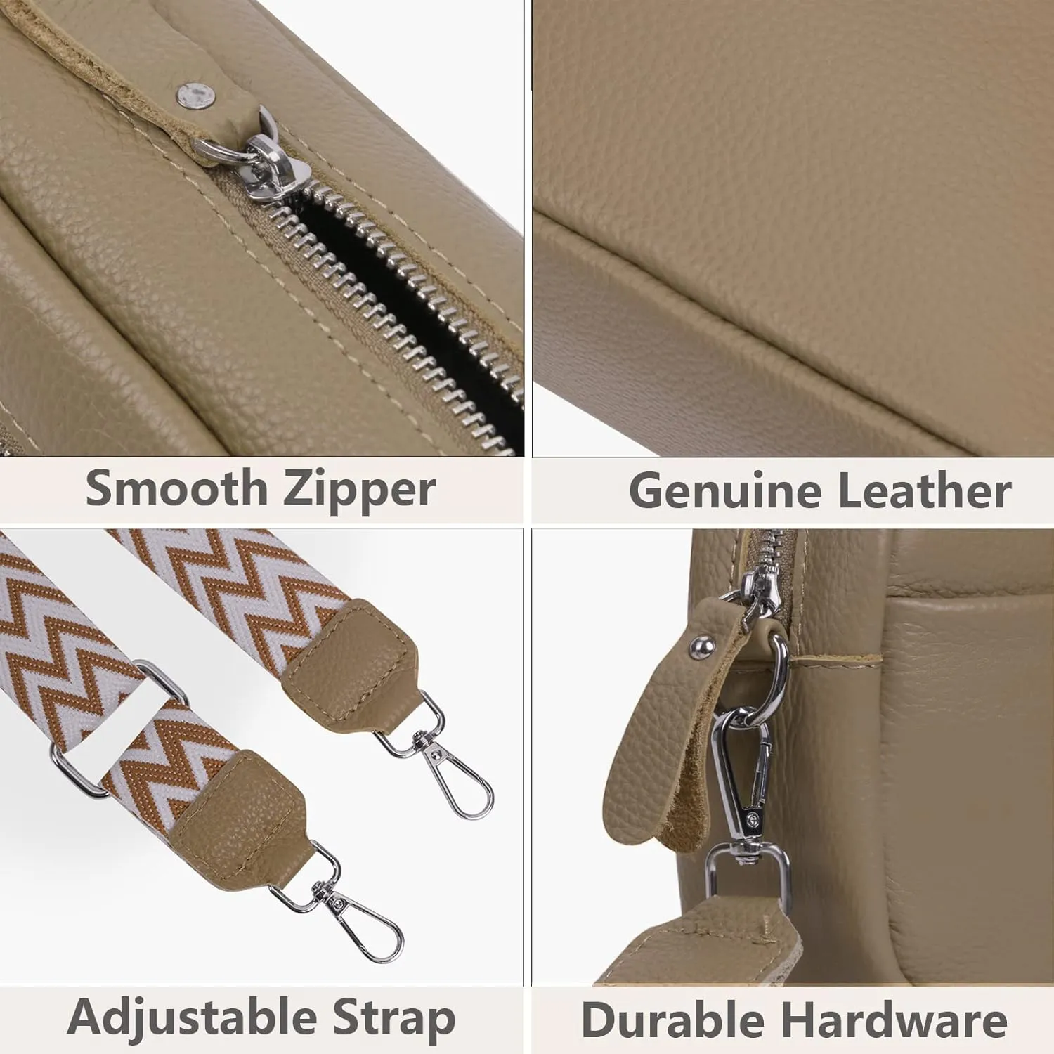 Crossbody Bag for Women Genuine Leather Wide Strap Shoulder Bag Purse Trendy Design Camera Crossbody Purse Top Zip