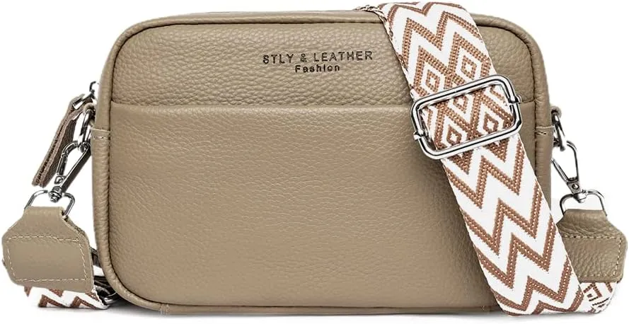 Crossbody Bag for Women Genuine Leather Wide Strap Shoulder Bag Purse Trendy Design Camera Crossbody Purse Top Zip