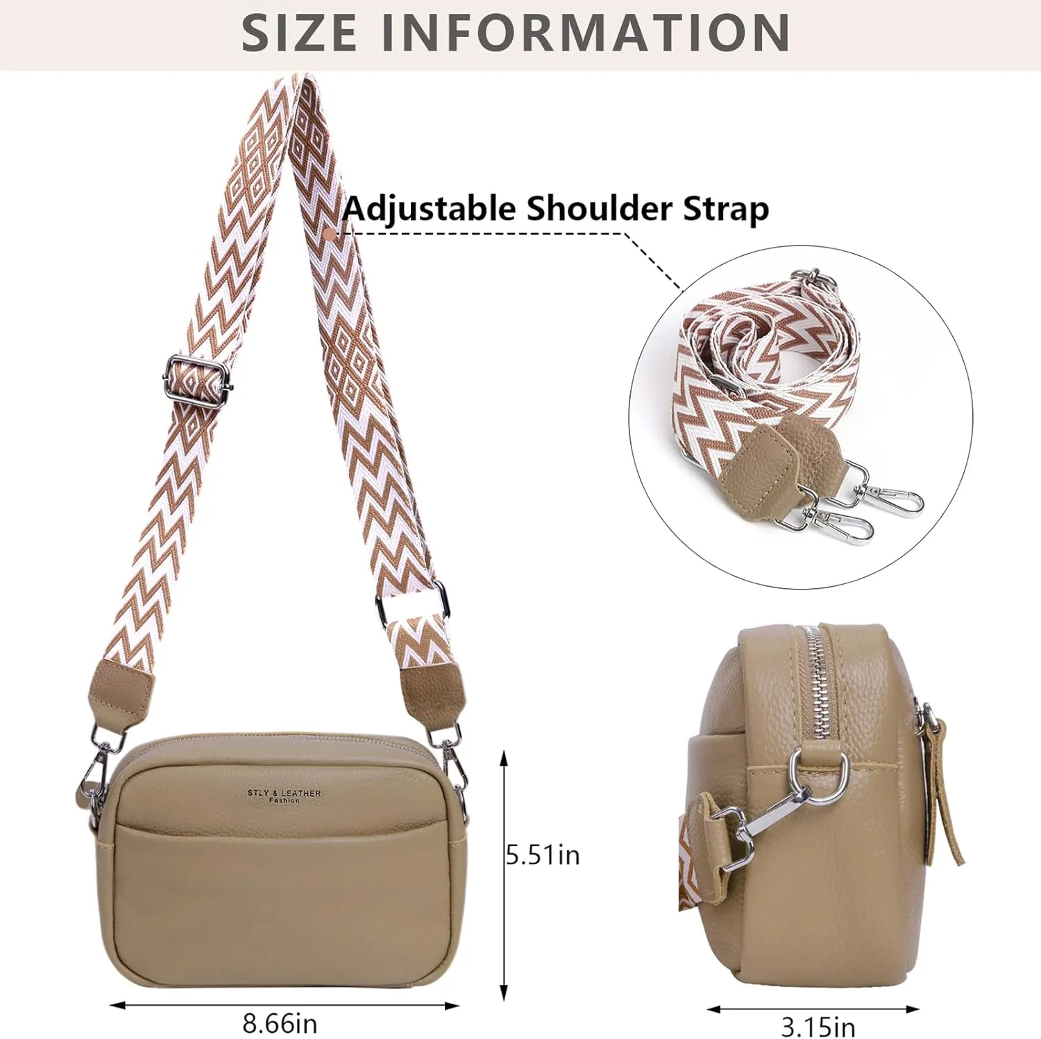 Crossbody Bag for Women Genuine Leather Wide Strap Shoulder Bag Purse Trendy Design Camera Crossbody Purse Top Zip