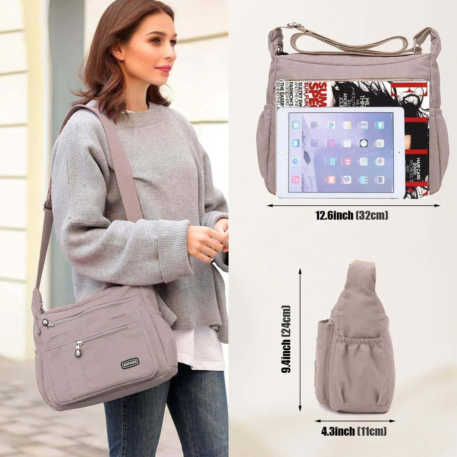 Crossbody Bag for Women, Multi Pockets Waterproof Nylon Shoulder Handbag, Lightweight Crossbody Purse for Ladies