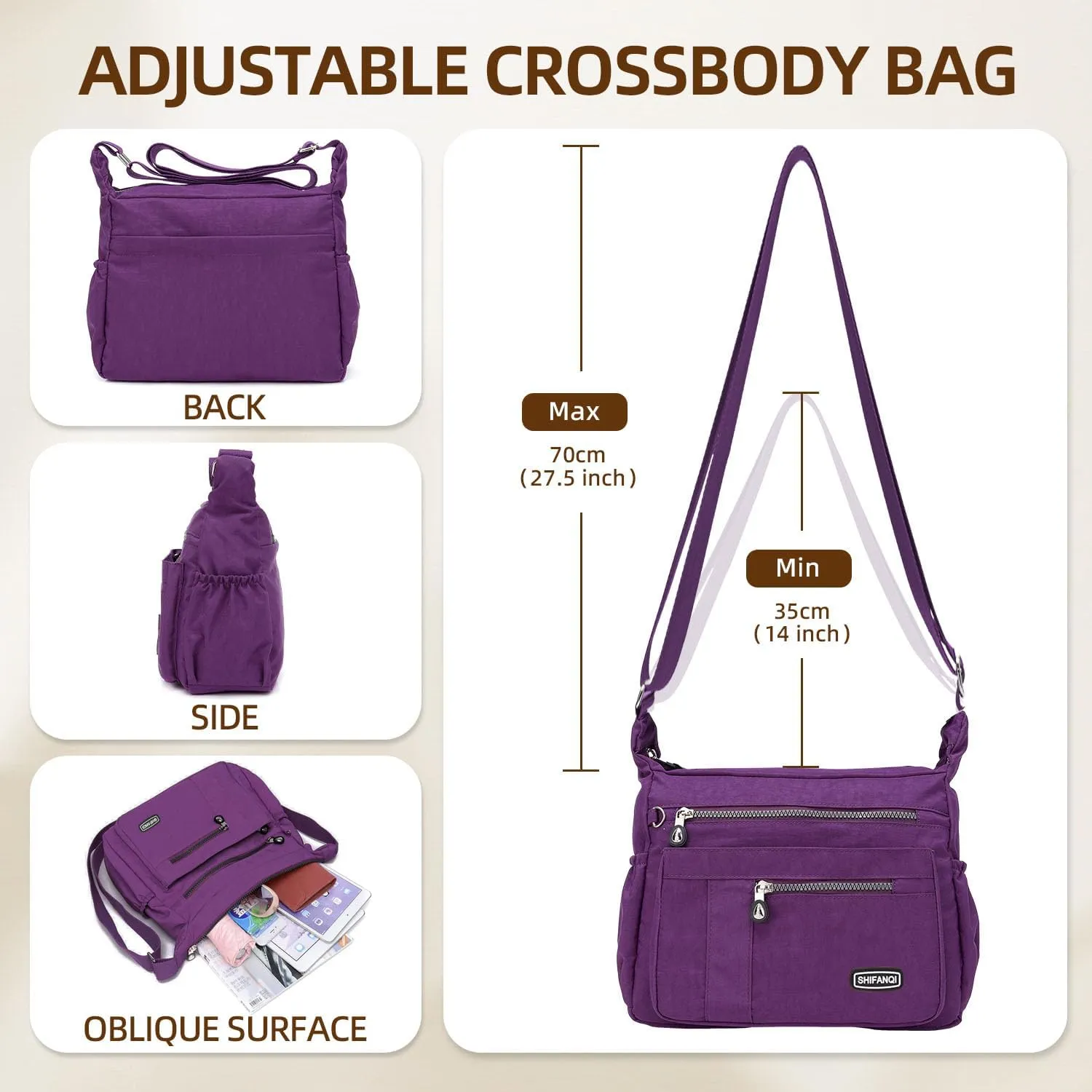 Crossbody Bag for Women, Multi Pockets Waterproof Nylon Shoulder Handbag, Lightweight Crossbody Purse for Ladies