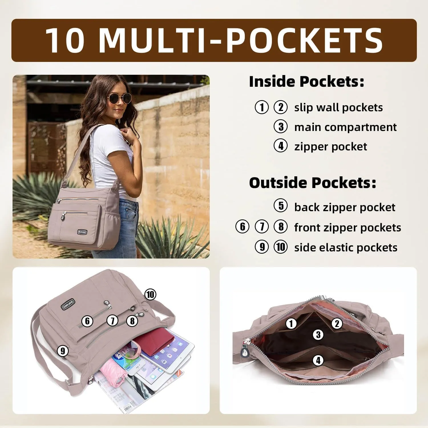 Crossbody Bag for Women, Multi Pockets Waterproof Nylon Shoulder Handbag, Lightweight Crossbody Purse for Ladies