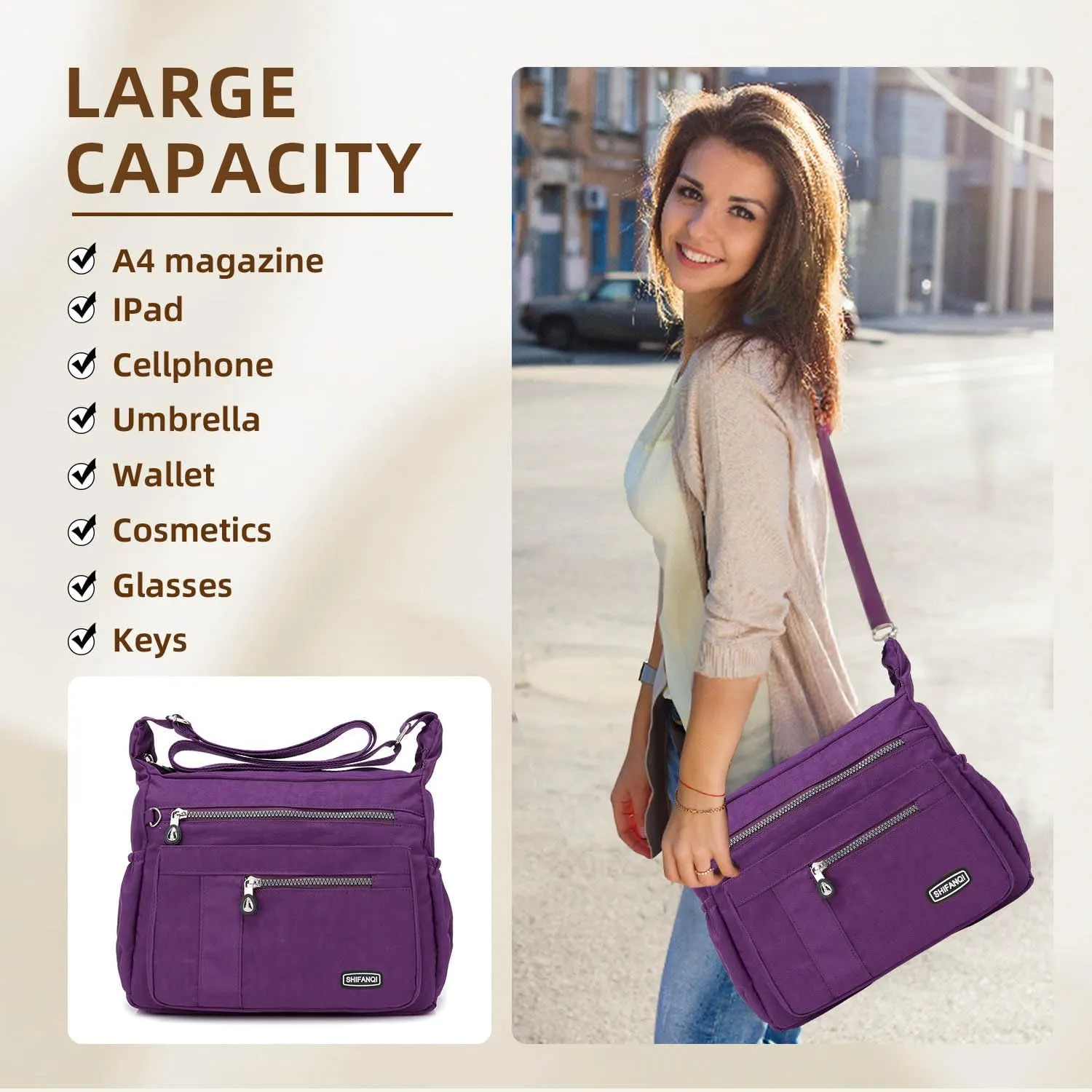 Crossbody Bag for Women, Multi Pockets Waterproof Nylon Shoulder Handbag, Lightweight Crossbody Purse for Ladies
