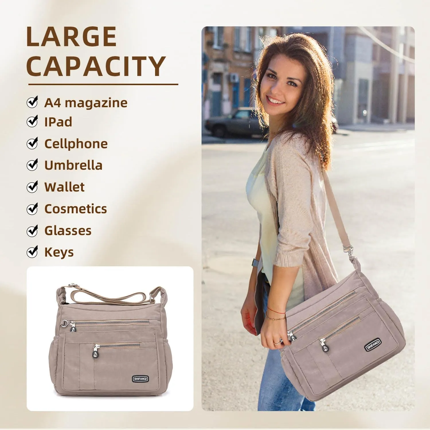 Crossbody Bag for Women, Multi Pockets Waterproof Nylon Shoulder Handbag, Lightweight Crossbody Purse for Ladies