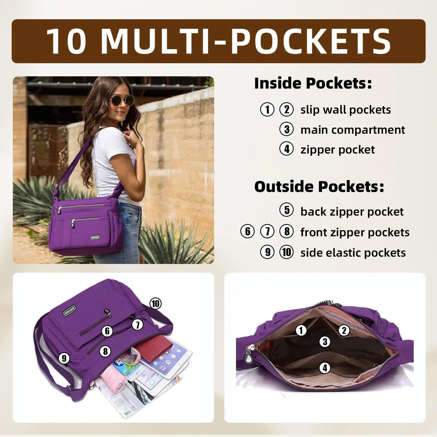 Crossbody Bag for Women, Multi Pockets Waterproof Nylon Shoulder Handbag, Lightweight Crossbody Purse for Ladies