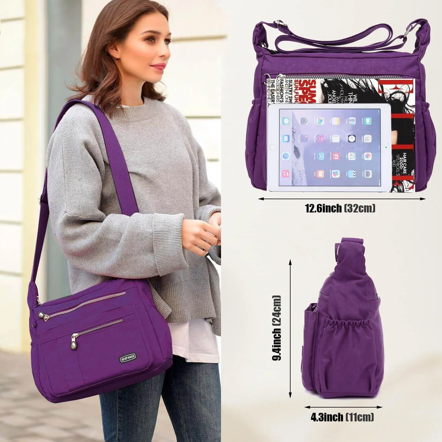 Crossbody Bag for Women, Multi Pockets Waterproof Nylon Shoulder Handbag, Lightweight Crossbody Purse for Ladies