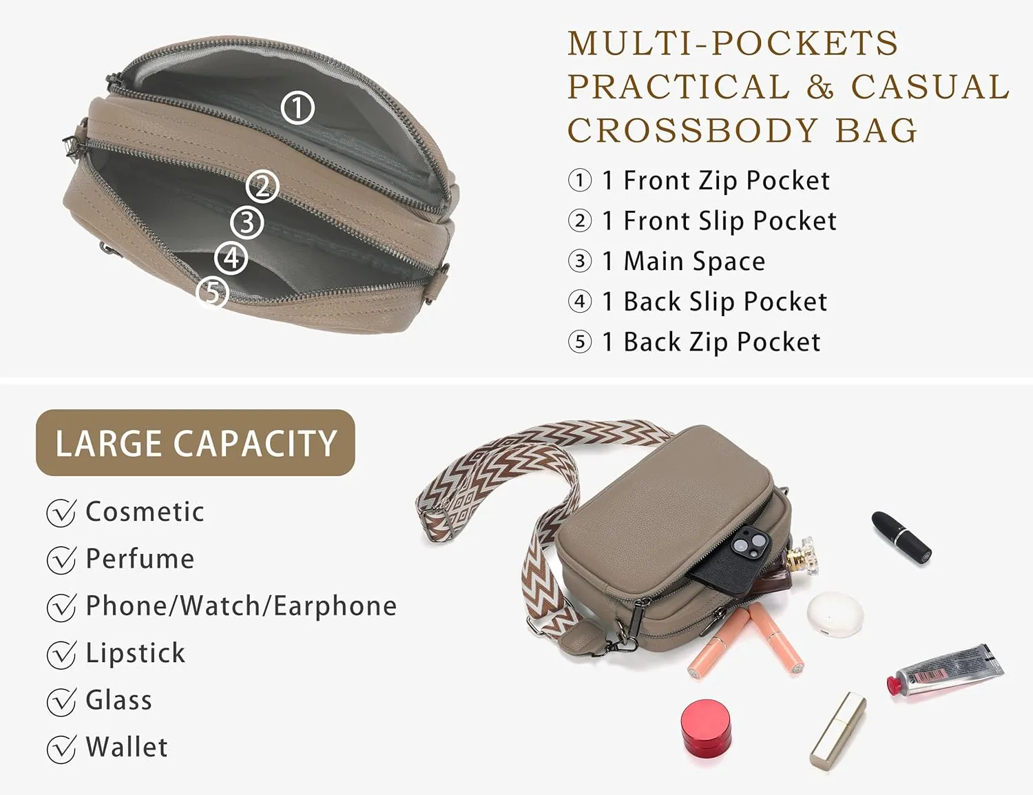 Crossbody Purse for Women with Adjustable Wide Guitar Strap, Small Vegan Leather Cross Body Camera Shoulder Bags