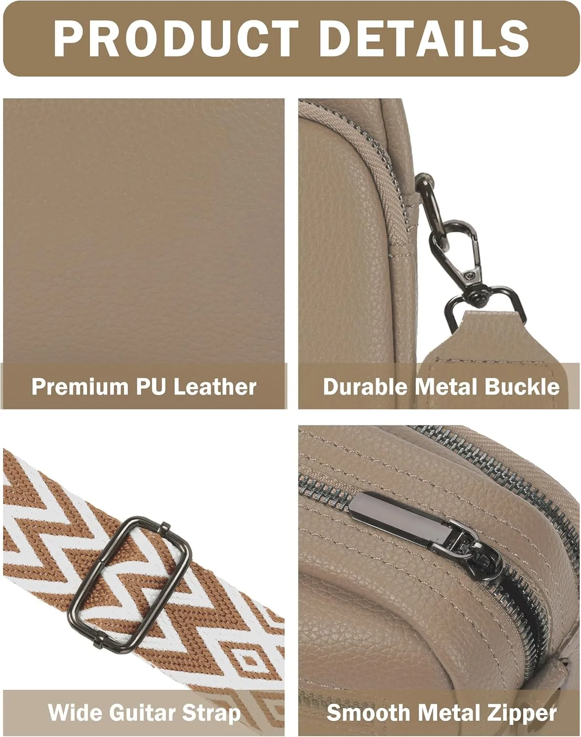 Crossbody Purse for Women with Adjustable Wide Guitar Strap, Small Vegan Leather Cross Body Camera Shoulder Bags