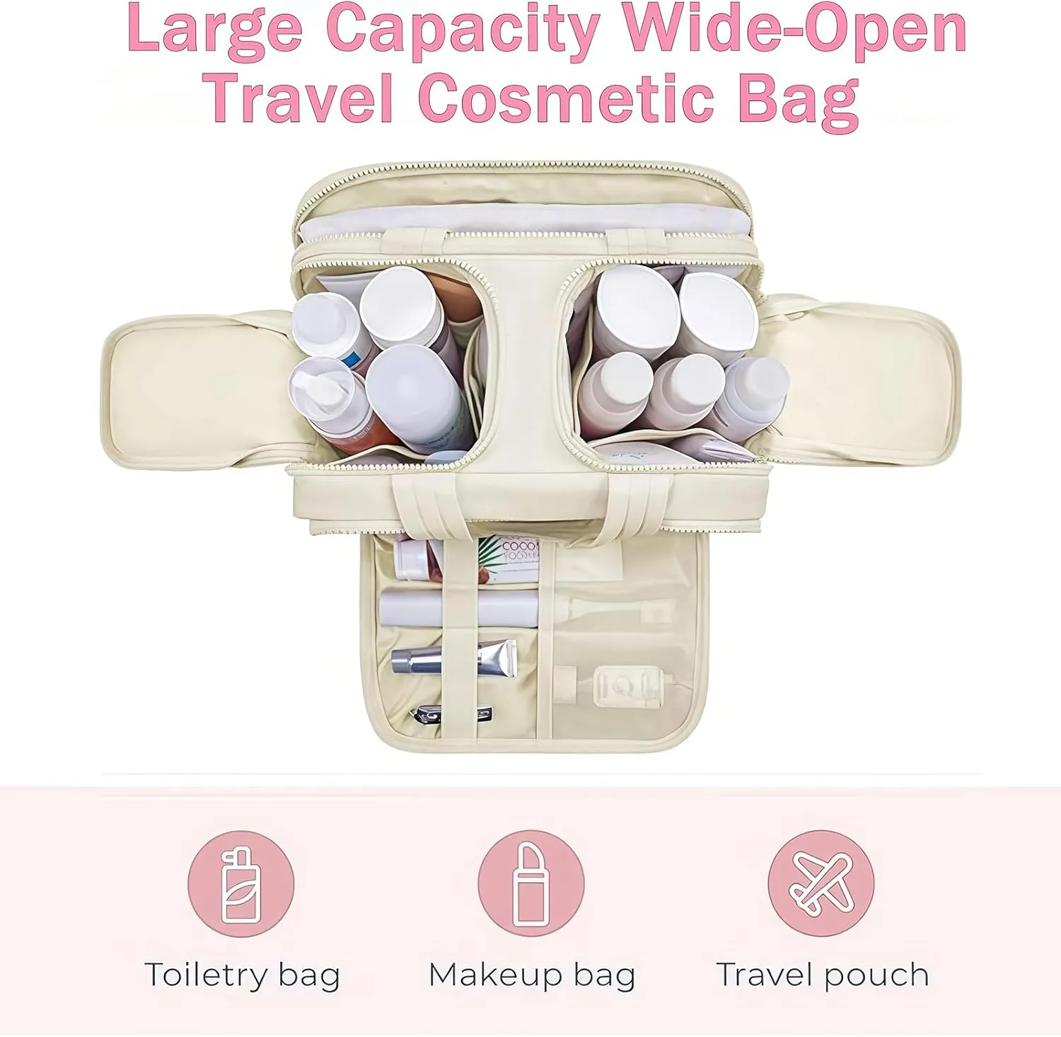 Cureaway Large Capacity Wide-Open Travel Cosmetic Bag, Cureaway Travel Cosmetic Bag Toiletry Bag for Women with Divider and Handle, Waterproof Portable, for Woman and Man (Khaki)