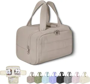 Cureaway Large Capacity Wide-Open Travel Cosmetic Bag, Cureaway Travel Cosmetic Bag Toiletry Bag for Women with Divider and Handle, Waterproof Portable, for Woman and Man (Khaki)
