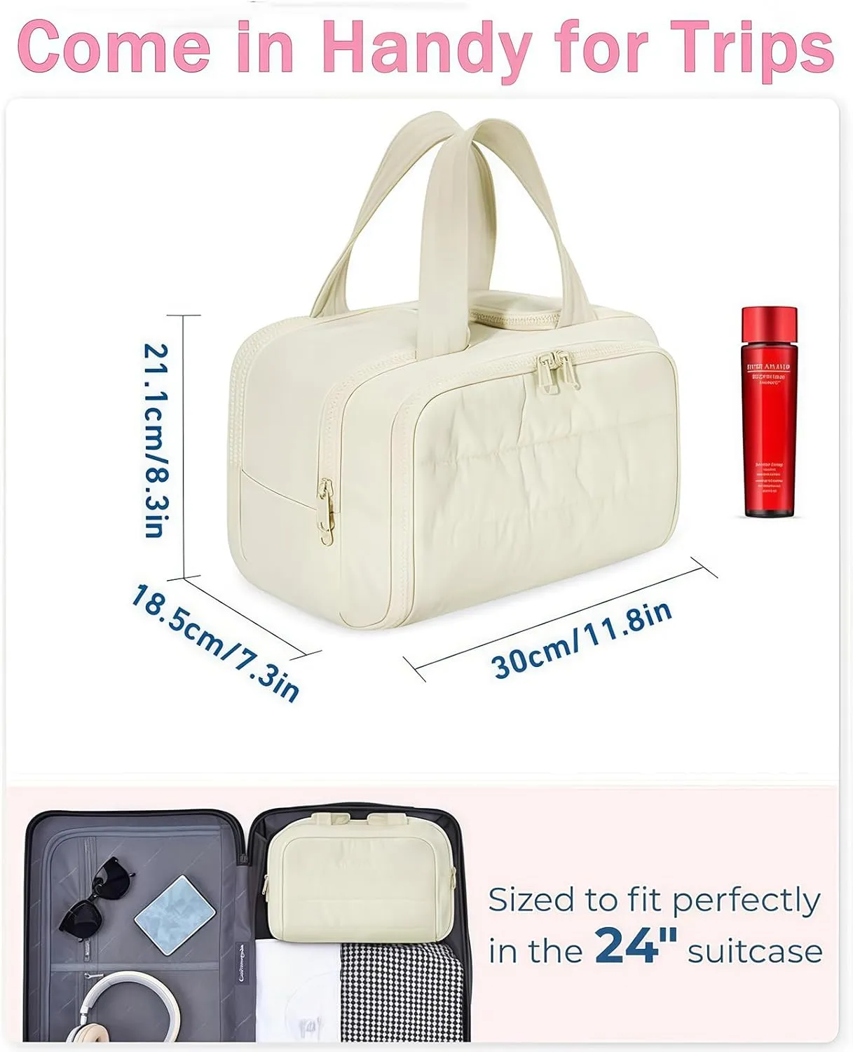 Cureaway Large Capacity Wide-Open Travel Cosmetic Bag, Cureaway Travel Cosmetic Bag Toiletry Bag for Women with Divider and Handle, Waterproof Portable, for Woman and Man (Khaki)