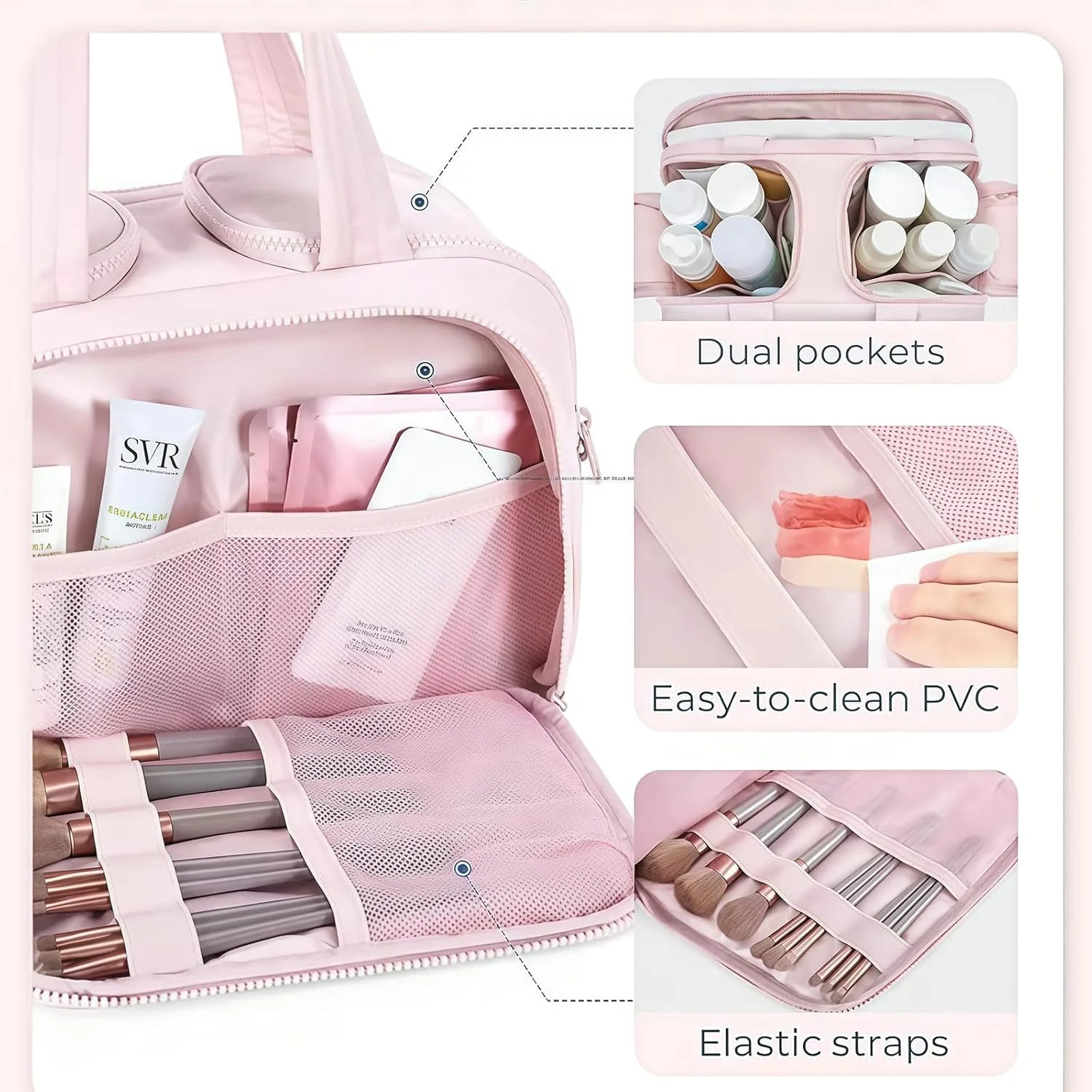 Cureaway Large Capacity Wide-Open Travel Cosmetic Bag, Cureaway Travel Cosmetic Bag Toiletry Bag for Women with Divider and Handle, Waterproof Portable, for Woman and Man (Khaki)