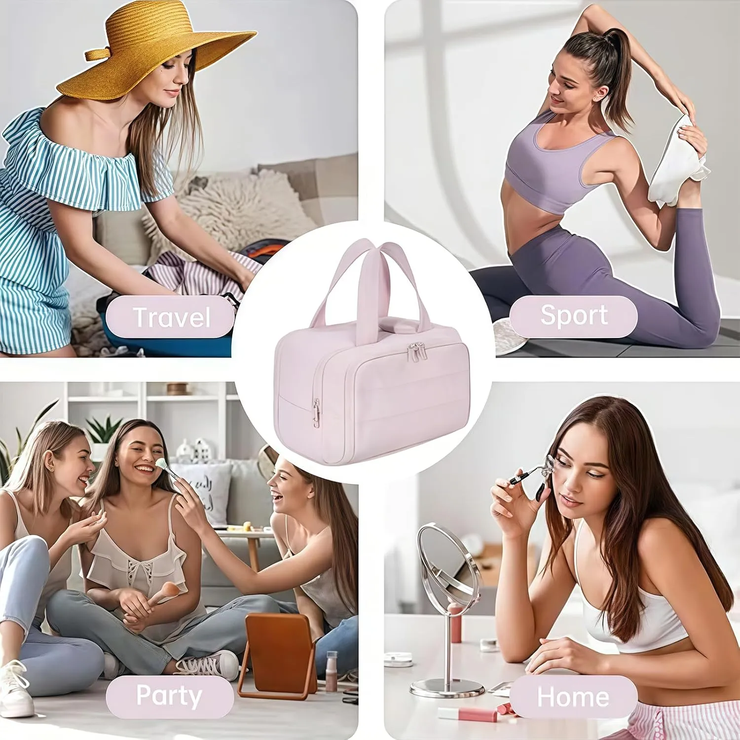 Cureaway Large Capacity Wide-Open Travel Cosmetic Bag, Cureaway Travel Cosmetic Bag Toiletry Bag for Women with Divider and Handle, Waterproof Portable, for Woman and Man (Khaki)