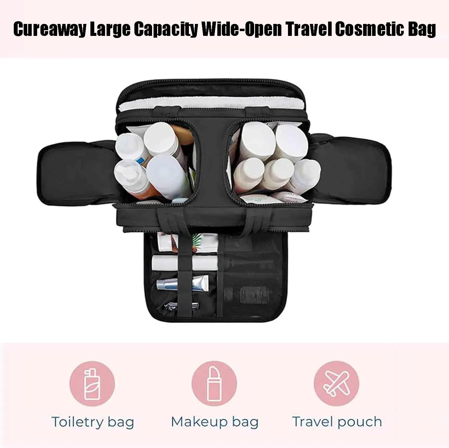 Cureaway Travel Cosmetic Bag, Curetoaway Large Capacity Wide-Open Travel Cosmetic Bag, With Compartments And Handles, Can Store Multiple Toiletries, Lightweight And Waterproof (Pink)