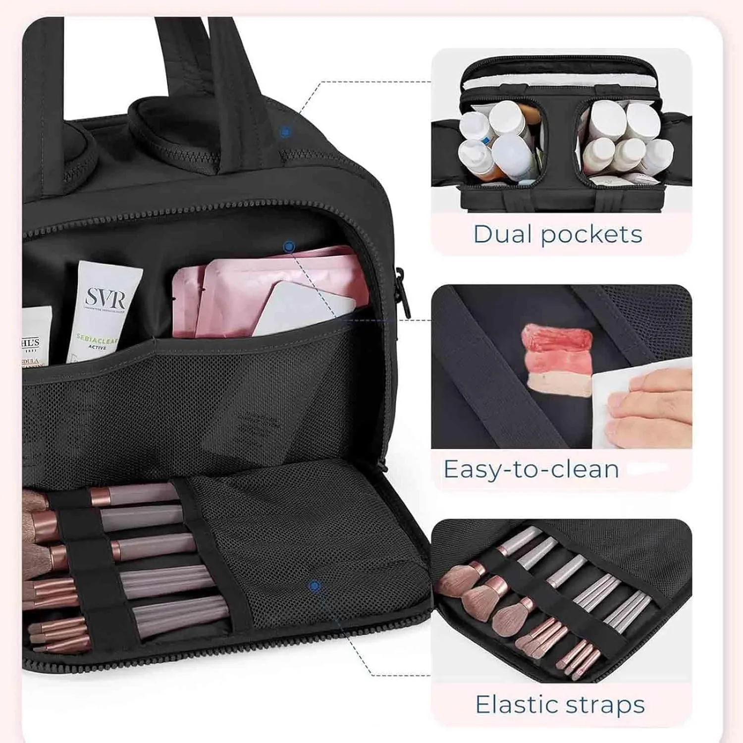 Cureaway Travel Cosmetic Bag, Curetoaway Large Capacity Wide-Open Travel Cosmetic Bag, With Compartments And Handles, Can Store Multiple Toiletries, Lightweight And Waterproof (Pink)