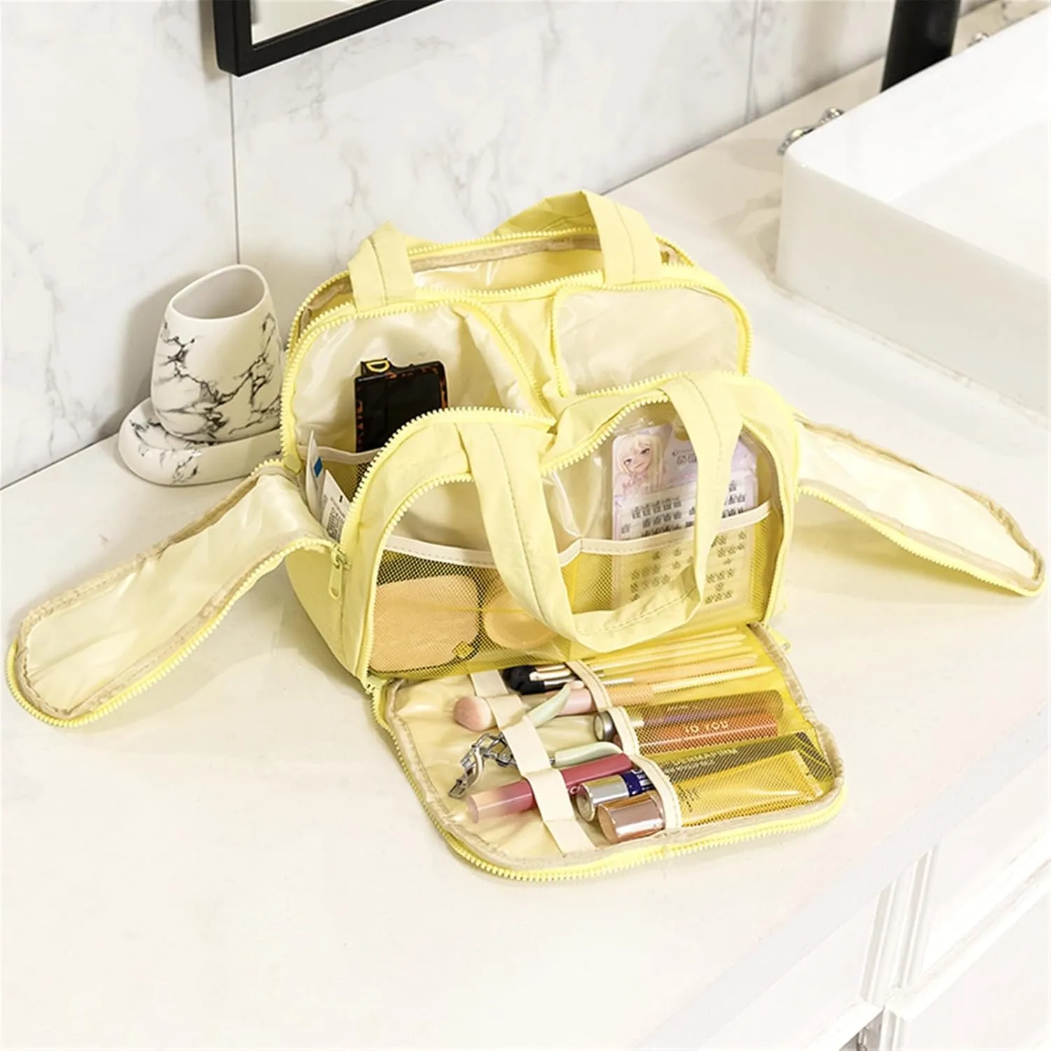 Cureaway Travel Cosmetic Bag | Large Capacity Waterproof Toiletry Organizer with Dividers | TSA-Friendly Travel Bag for Women Men | Portable Open-Flat Design, Hanging Hook (Yellow)