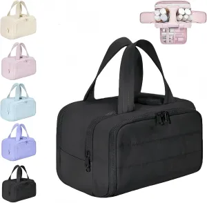 Cureaway Travel Cosmetic Bag, Large Capacity Wide Open Cosmetic Bag, Open Flat Toiletry Bags with Divider and Handle, for Women's Travel Storage(Black)