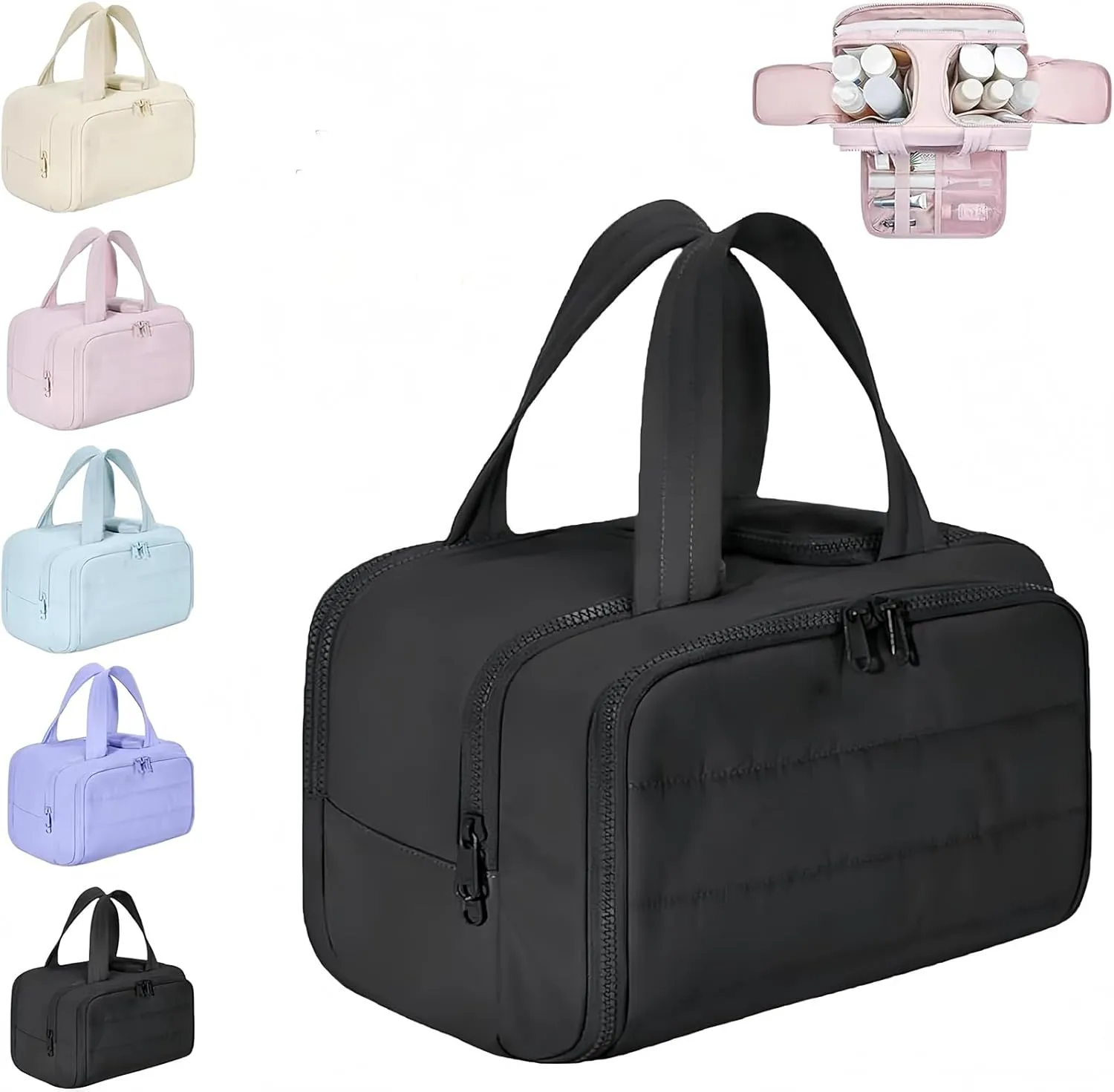 Cureaway Travel Cosmetic Bag, Large Capacity Wide Open Cosmetic Bag, Open Flat Toiletry Bags with Divider and Handle, for Women's Travel Storage(Black)