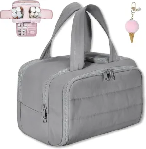 Curetoaway Travel Cosmetic Bag,Large Capacity Wide-Open Travel Cosmetic Bag,Hanging Makeup Bag,Toiletry Bags for Women with Divider and Handle,Waterproof Portable Pouch (Gray)