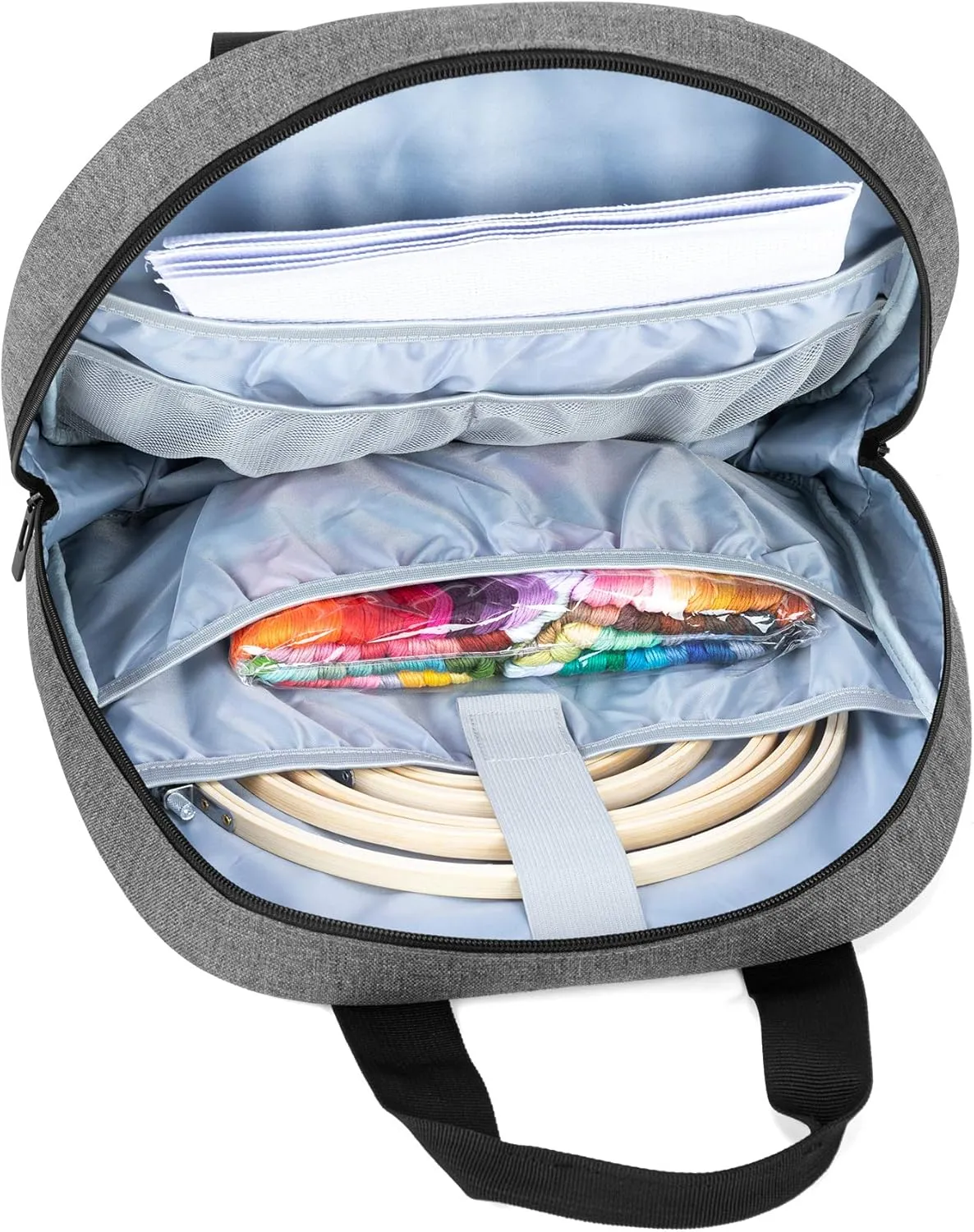 CURMIO Embroidery Bag, Portable Project Storage for Hoops, Floss, and Cross Stitch Supplies, BAG ONLY, Grey (Patented Design)