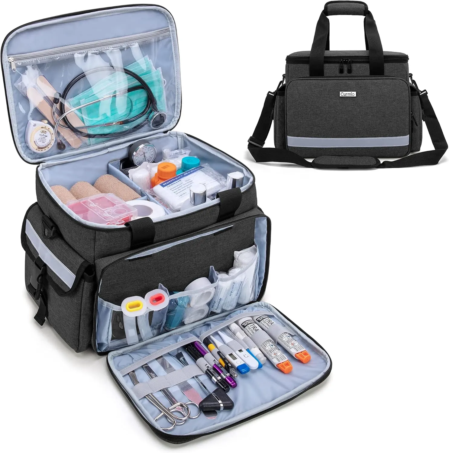 CURMIO Emergency Supplies Bag, Empty First Aid Bag with Dividers for Medical Supplies and Home Nurse Supplies, Black (Empty Bag Only)