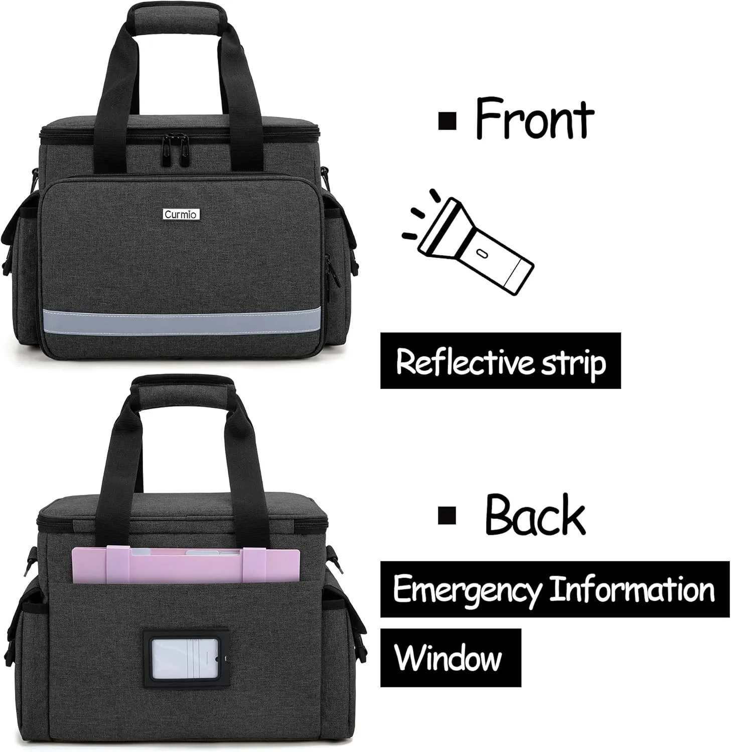CURMIO Emergency Supplies Bag, Empty First Aid Bag with Dividers for Medical Supplies and Home Nurse Supplies, Black (Empty Bag Only)