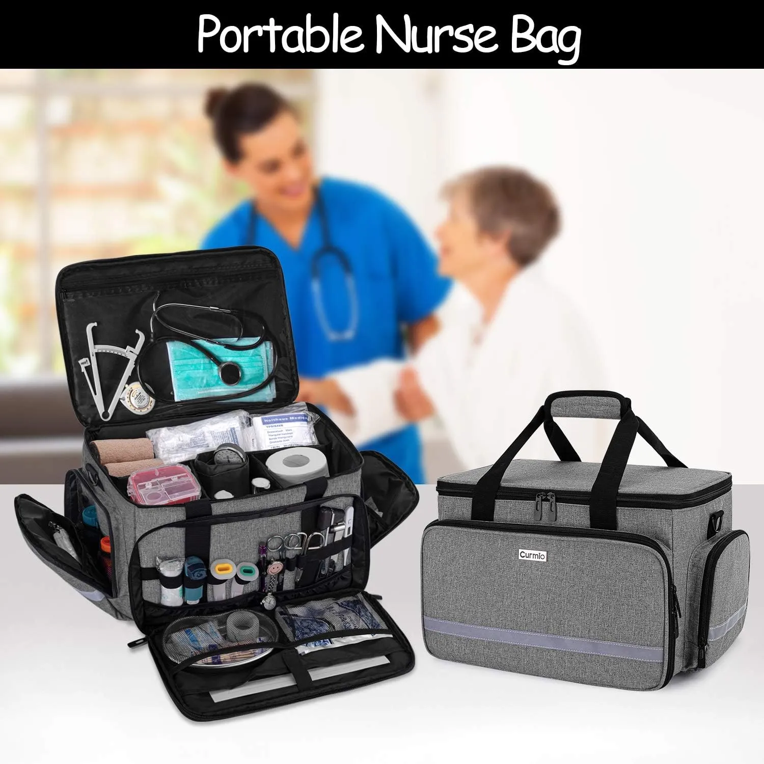 CURMIO Nurse Bag, Medical Bag Clinical Bag with Inner Dividers and No-Slip Bottom for Home Visits, Health Care, Hospice, For Nursing Students, Physical Therapists, Doctors,Gray (Patent Pending)