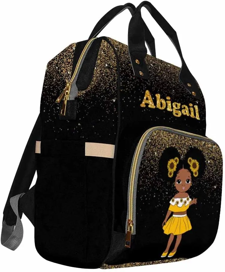 Custom Black Diaper Bag Backpack with Golden Glitter Personalized Black Women with Sunflower Nappy Bag Casual Travel Daypack Customized Newborn Gift for Women
