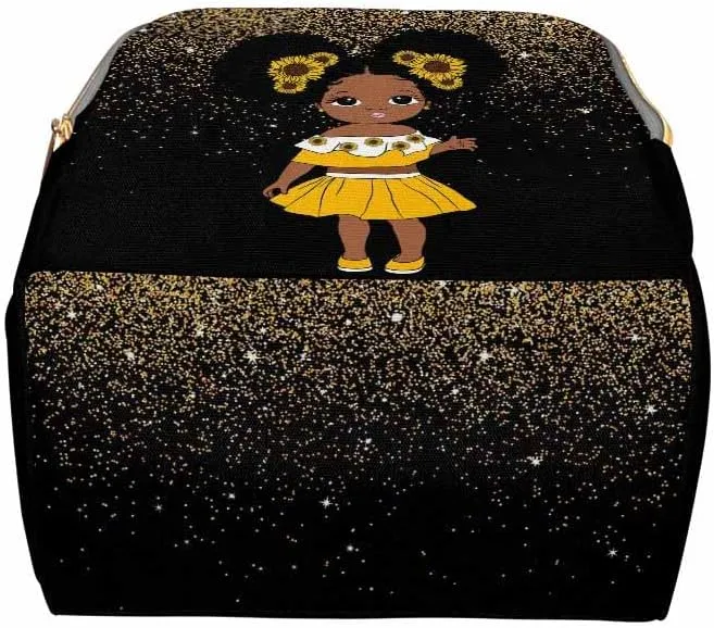 Custom Black Diaper Bag Backpack with Golden Glitter Personalized Black Women with Sunflower Nappy Bag Casual Travel Daypack Customized Newborn Gift for Women