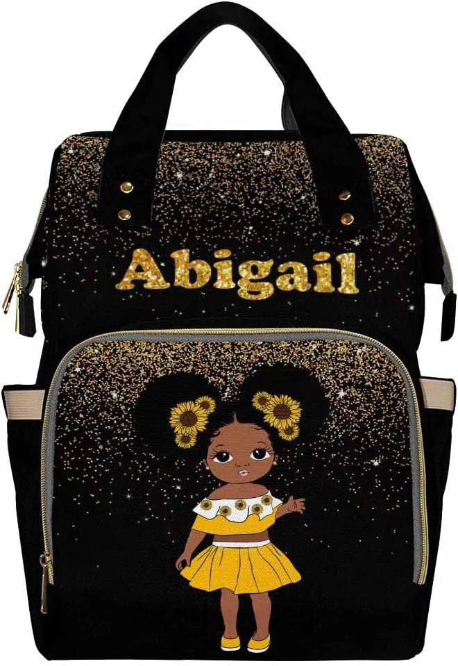 Custom Black Diaper Bag Backpack with Golden Glitter Personalized Black Women with Sunflower Nappy Bag Casual Travel Daypack Customized Newborn Gift for Women