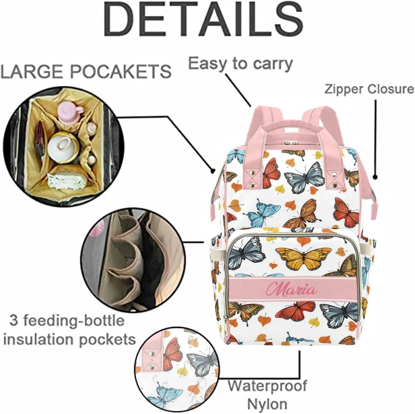 Custom Diaper Bag Backpack for Women, Personalized Name Nursing Mommy Daypack, Diaper Bag for Girls Boys, New Mom Gifts (Colorful Butterfly)