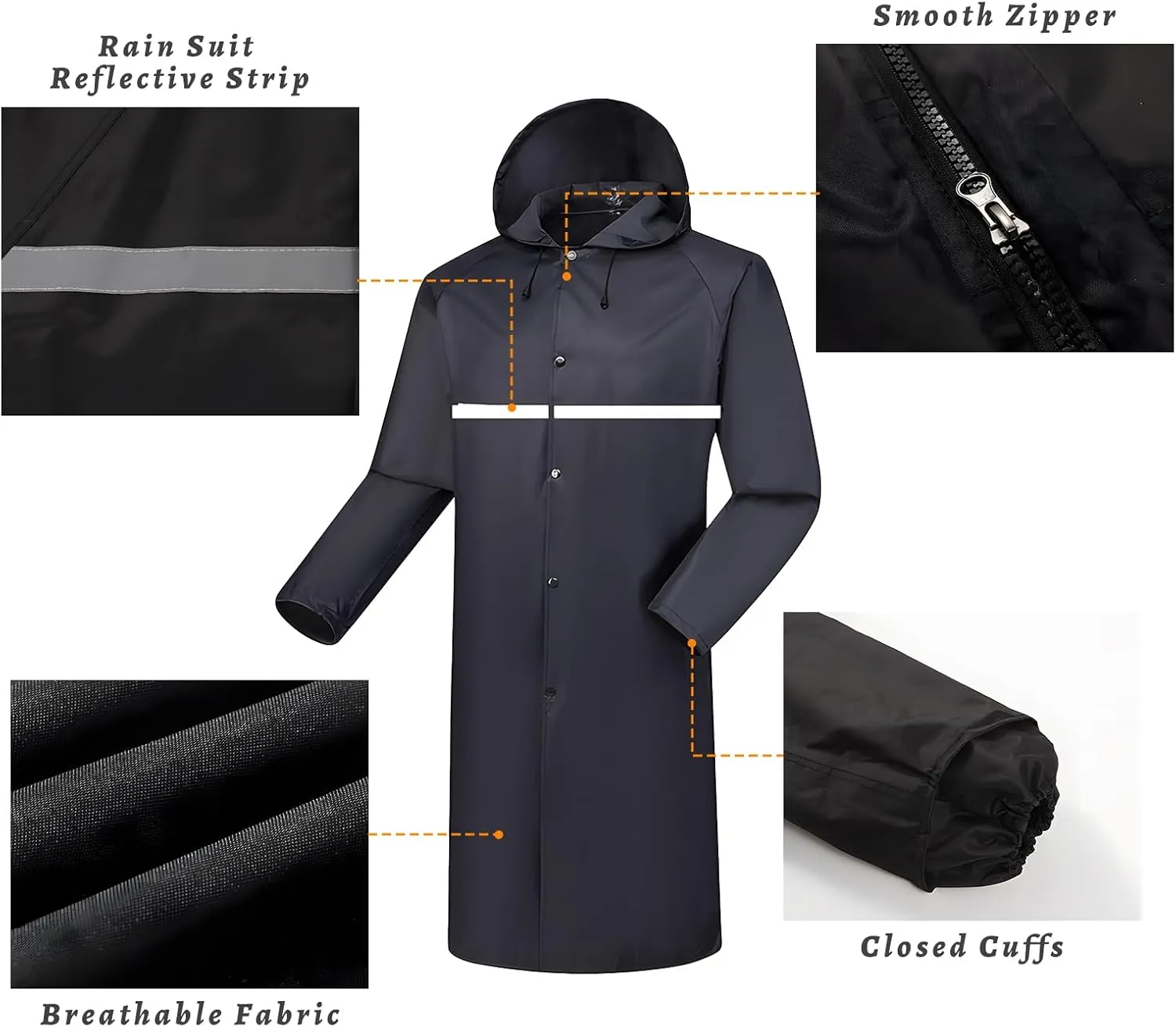 Custom Men's Long Hooded Rain Jacket Safety Waterproof Emergency Riancoat with Reflective Strip