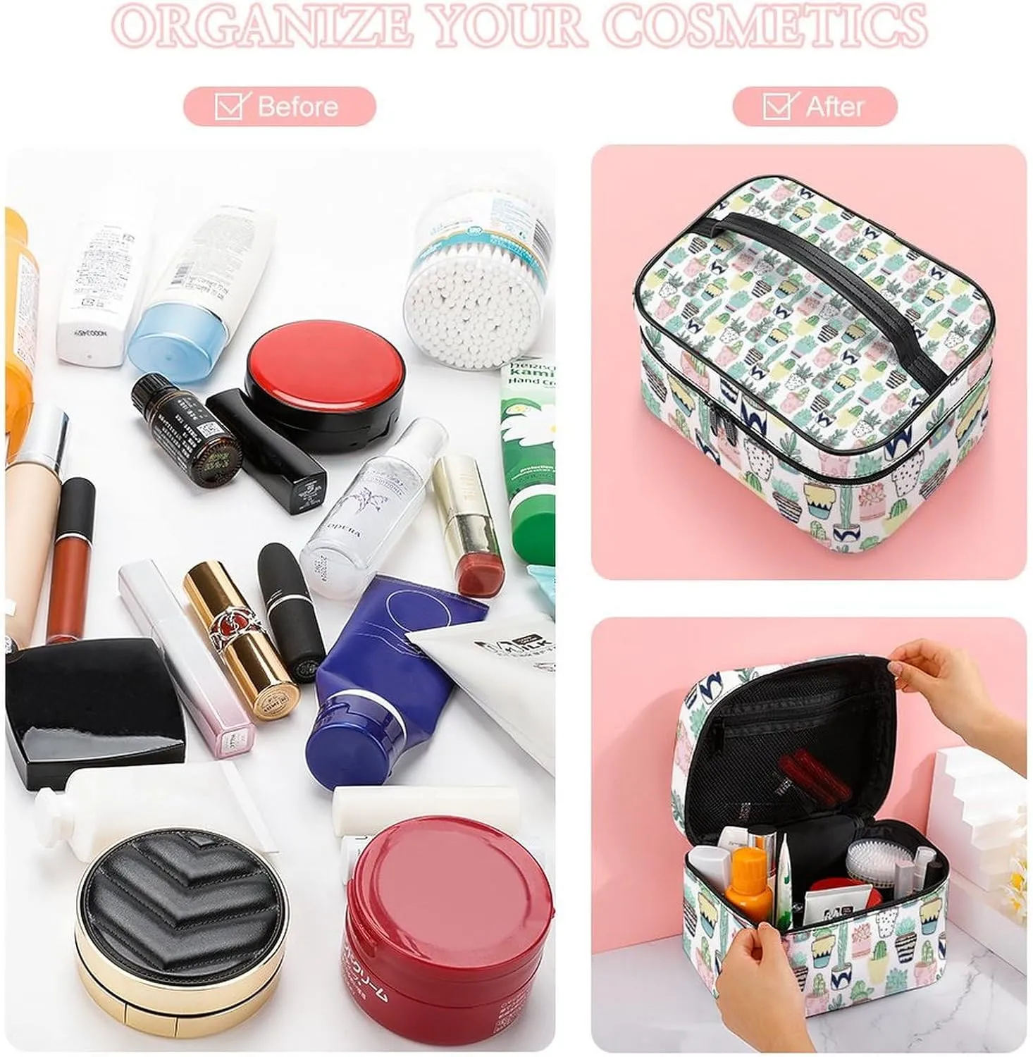 Cute Cacti in Pots Convenient Makeup Bag with Large Capacity, Scratch Resistant And Stain Resistant