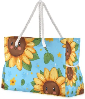 Cute Cartoon Sunflower Blue Weekender Bag Women Waterproof Sandproof with side pockets Large Tote Bag Women for Pool Gym Grocery Travel