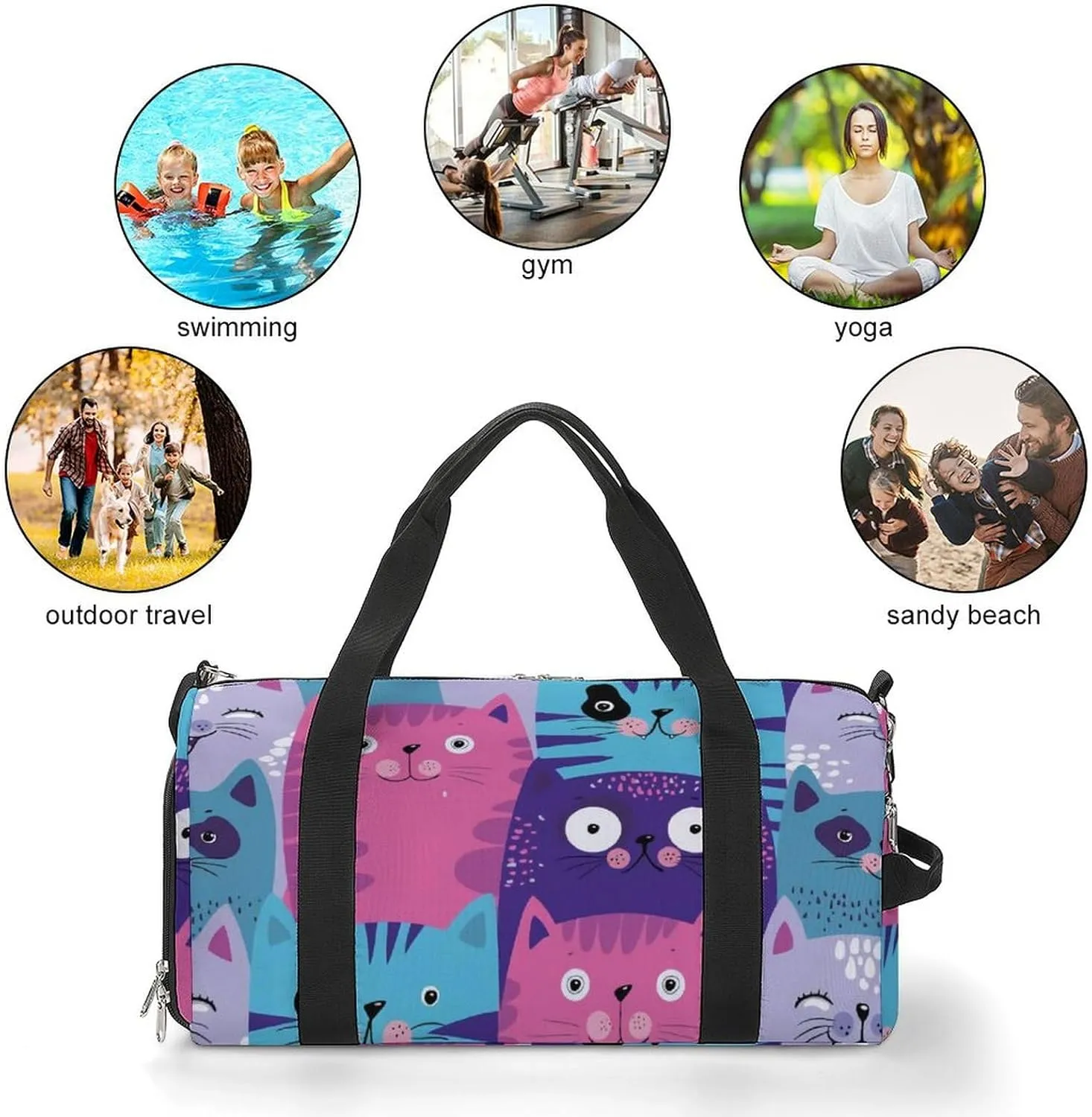 Cute Cats Head Portable Large Capacity Fully Printed Fitness Bag Unisex