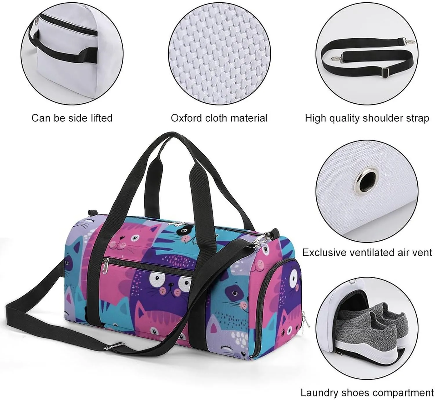 Cute Cats Head Portable Large Capacity Fully Printed Fitness Bag Unisex