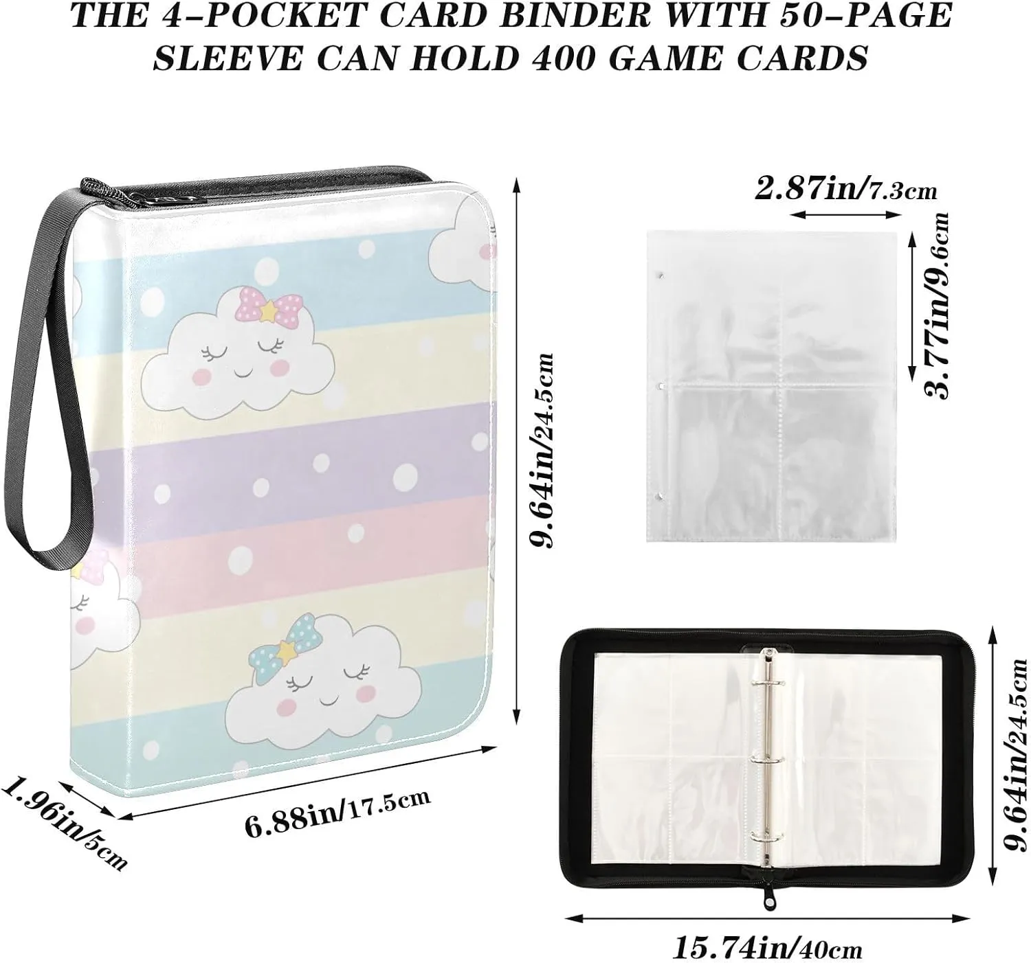 Cute Clouds on Colorful Binder for Cards, 3 Ring Binder Zipper Card 400 Cards Capacity for Sports Cards, Game Cards