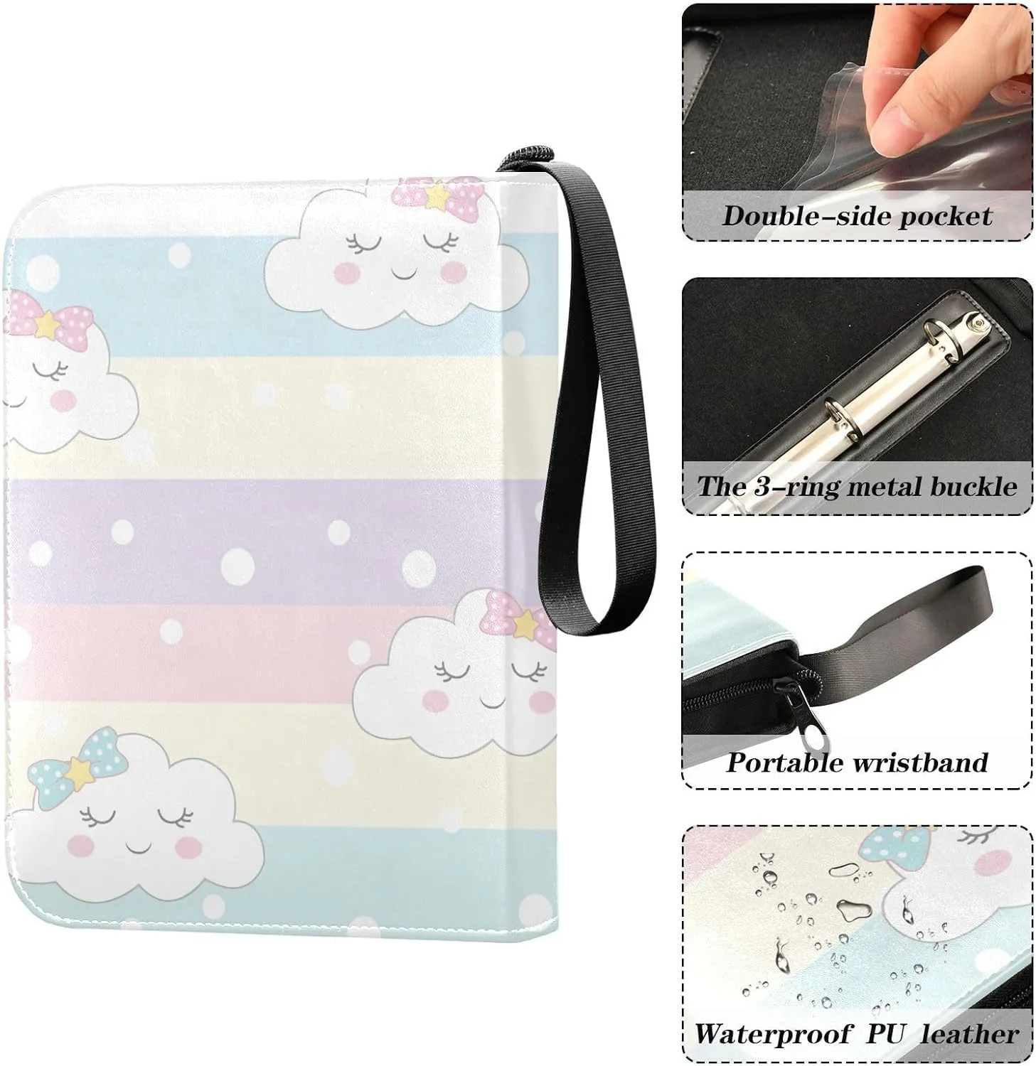 Cute Clouds on Colorful Binder for Cards, 3 Ring Binder Zipper Card 400 Cards Capacity for Sports Cards, Game Cards