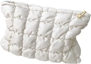 Cute Cosmetic Bag for Women, Soft and Fluffy Travel Makeup Bag with Durable Zipper, Essential Skincare and Toiletry Organizer Pouches (off-white)