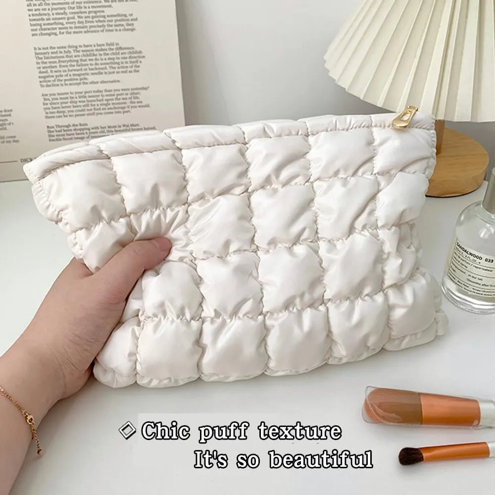 Cute Cosmetic Bag for Women, Soft and Fluffy Travel Makeup Bag with Durable Zipper, Essential Skincare and Toiletry Organizer Pouches (off-white)