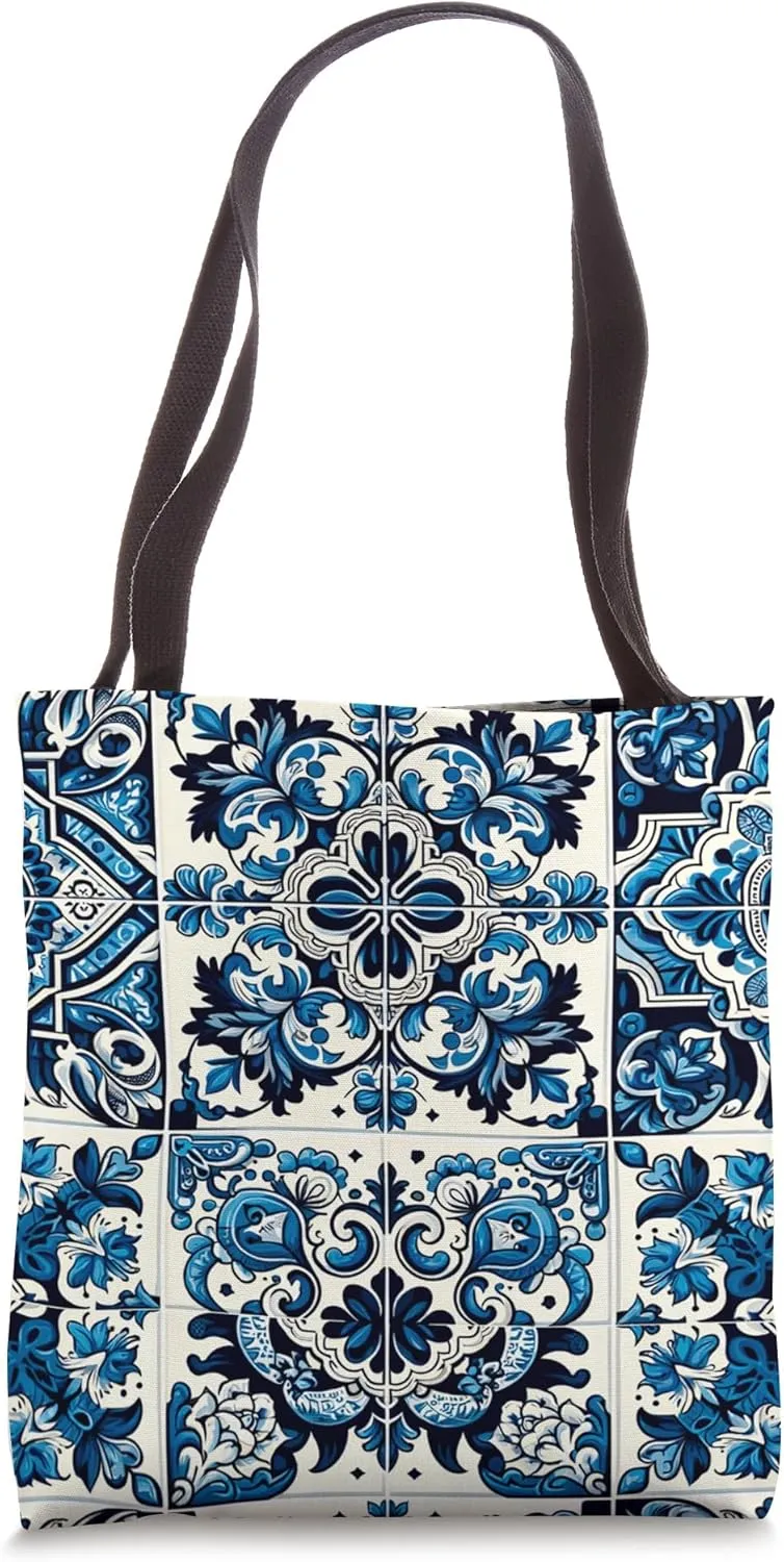Cute Portuguese Tile Blue and White Mediterranean Pattern Tote Bag