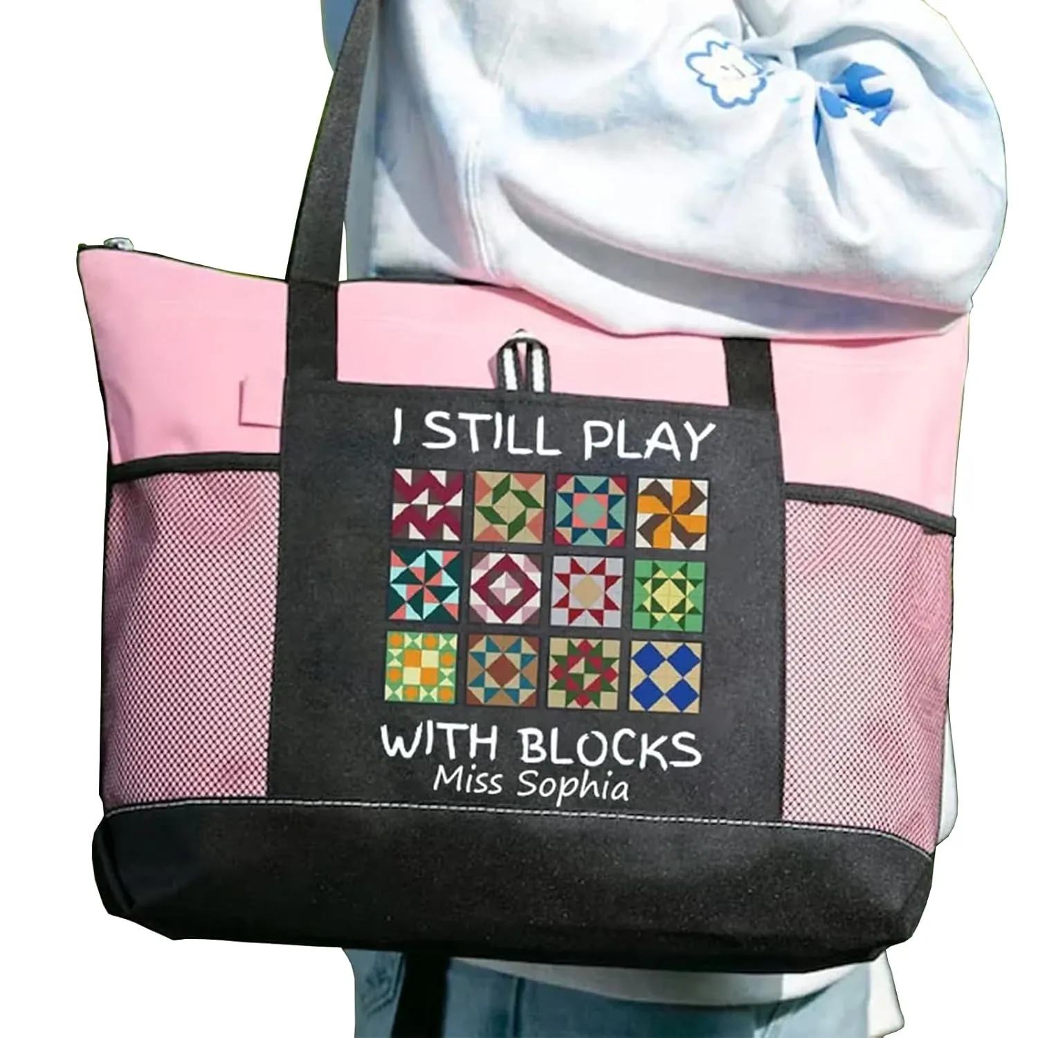 Cute Quilting Tote Bag for Quilters - I Still Play With Blocks Quilt Pattern Design - Spacious Quilt Retreat Bag with Zippered Compartment & Mesh Pockets - Perfect Quilter Gift or Gift for Mom