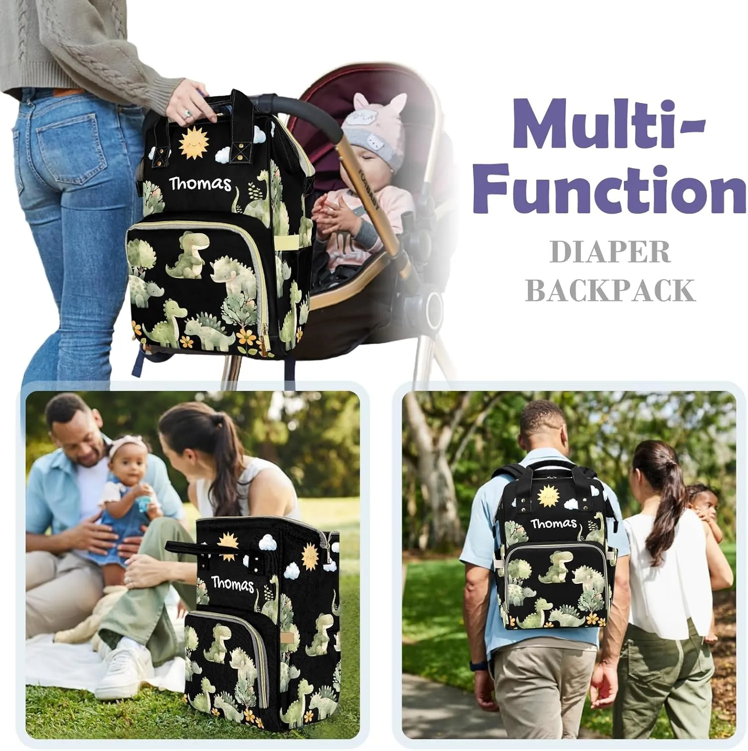 Cute Tropical Dinosaur Large Capacity Custom Diaper Bag for Baby Boy Girl Waterproof Personalized Name Diaper Bag Backpack with Multi-Pocket Customized Mom Travel Daypack for Baby Essentials