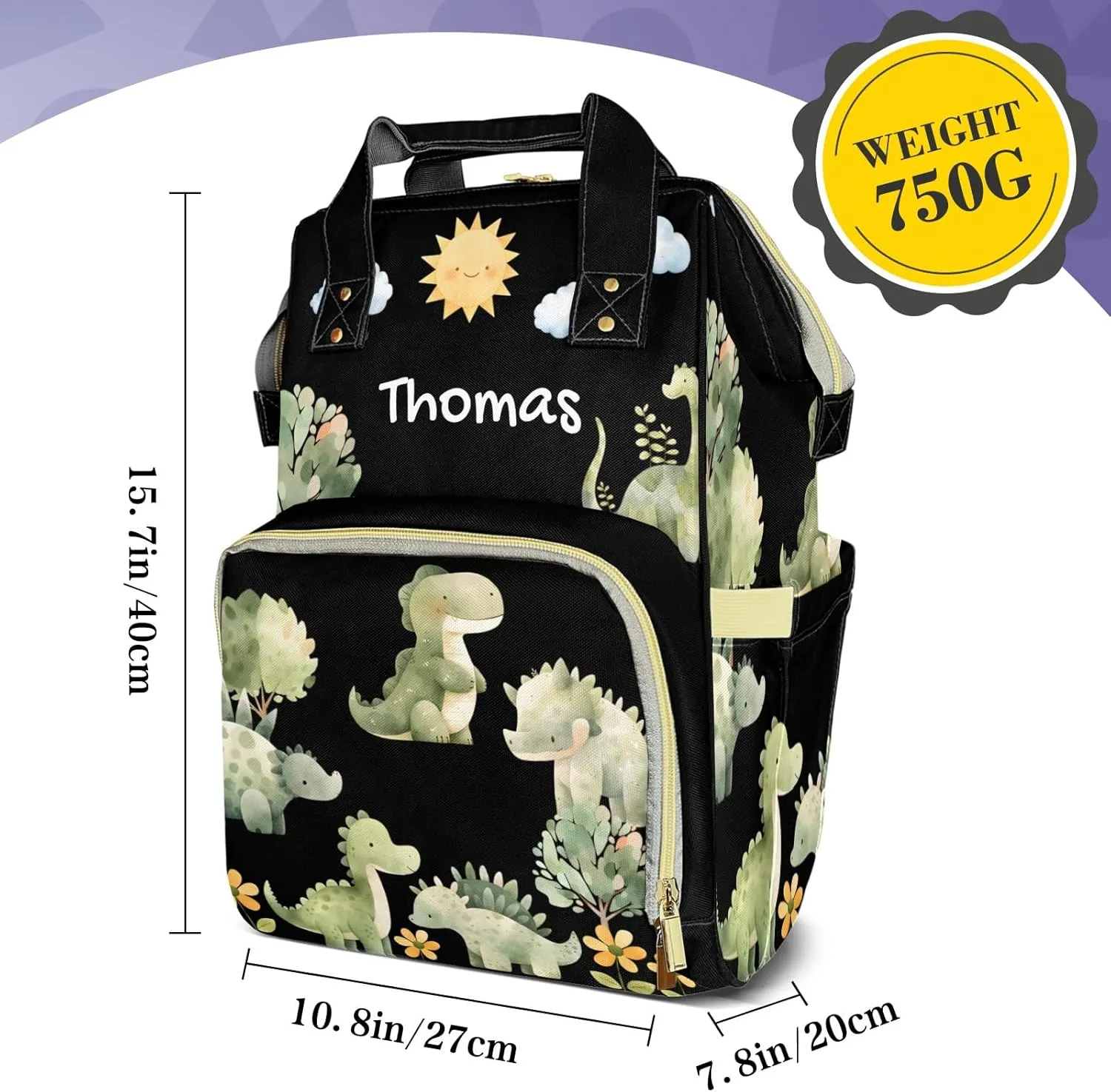 Cute Tropical Dinosaur Large Capacity Custom Diaper Bag for Baby Boy Girl Waterproof Personalized Name Diaper Bag Backpack with Multi-Pocket Customized Mom Travel Daypack for Baby Essentials